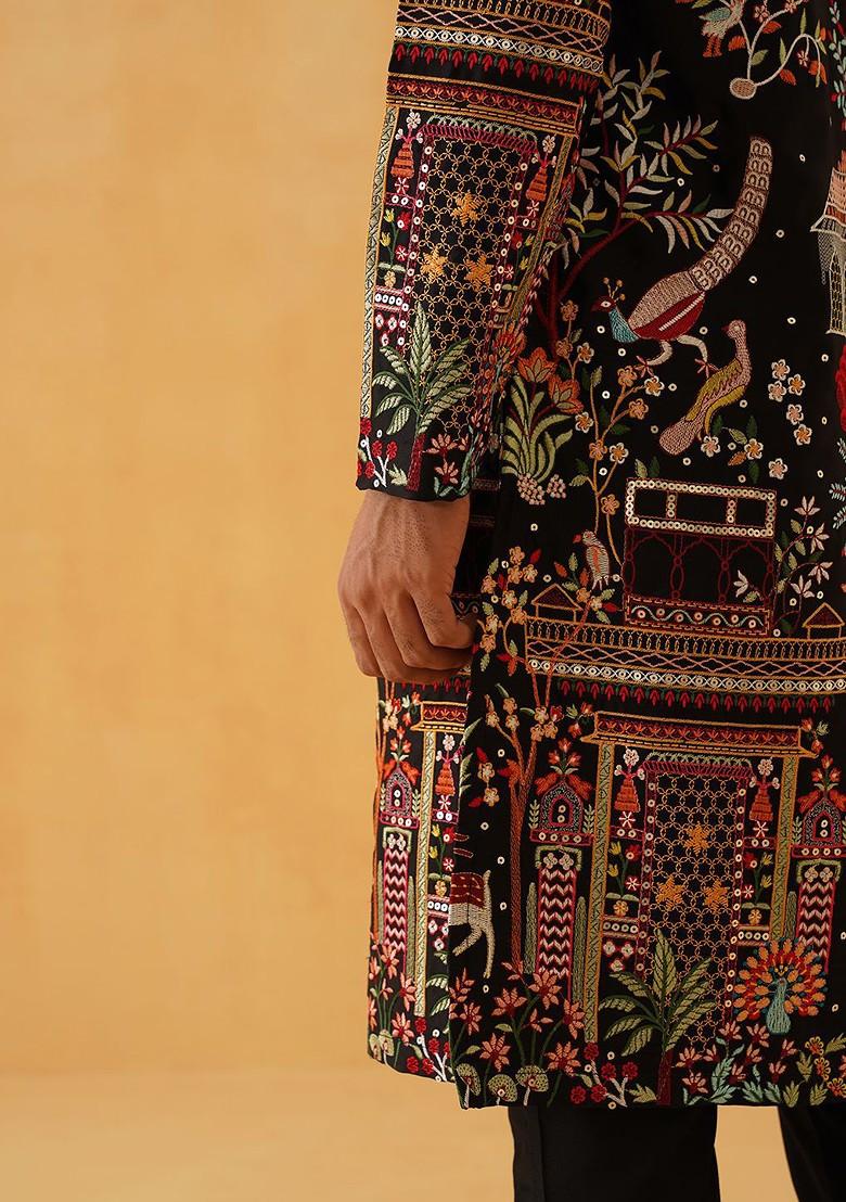 Black Thread Work Poly Blend Kurta For Men