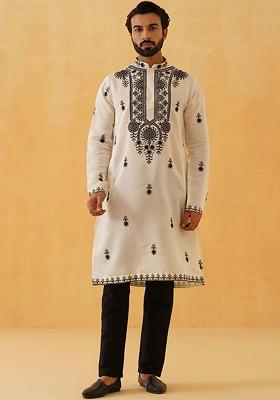 Cream Thread Work Poly Blend Kurta For Men