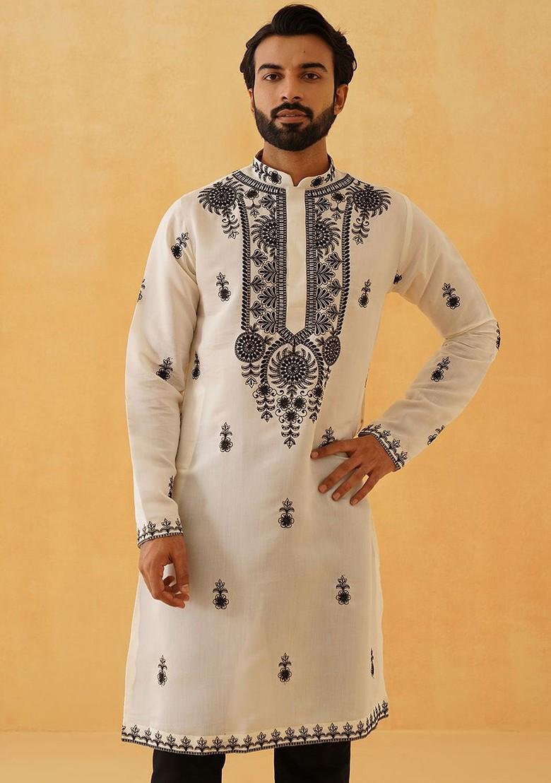 Cream Thread Work Poly Blend Kurta For Men