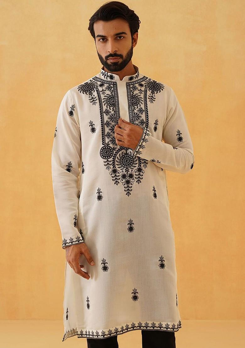 Cream Thread Work Poly Blend Kurta For Men