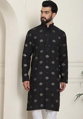 Black Embellished Cotton Kurta For Men
