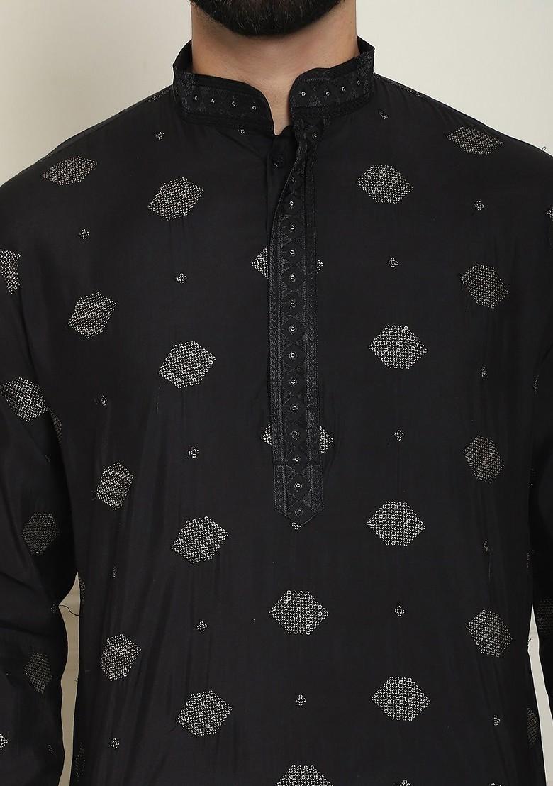 Black Embellished Cotton Kurta For Men