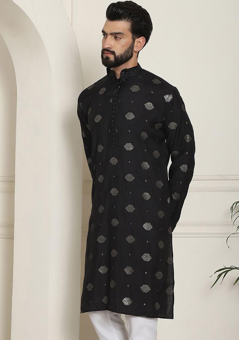 Black Embellished Cotton Kurta For Men