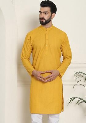 Mustard Thread Work Cotton Kurta For Men