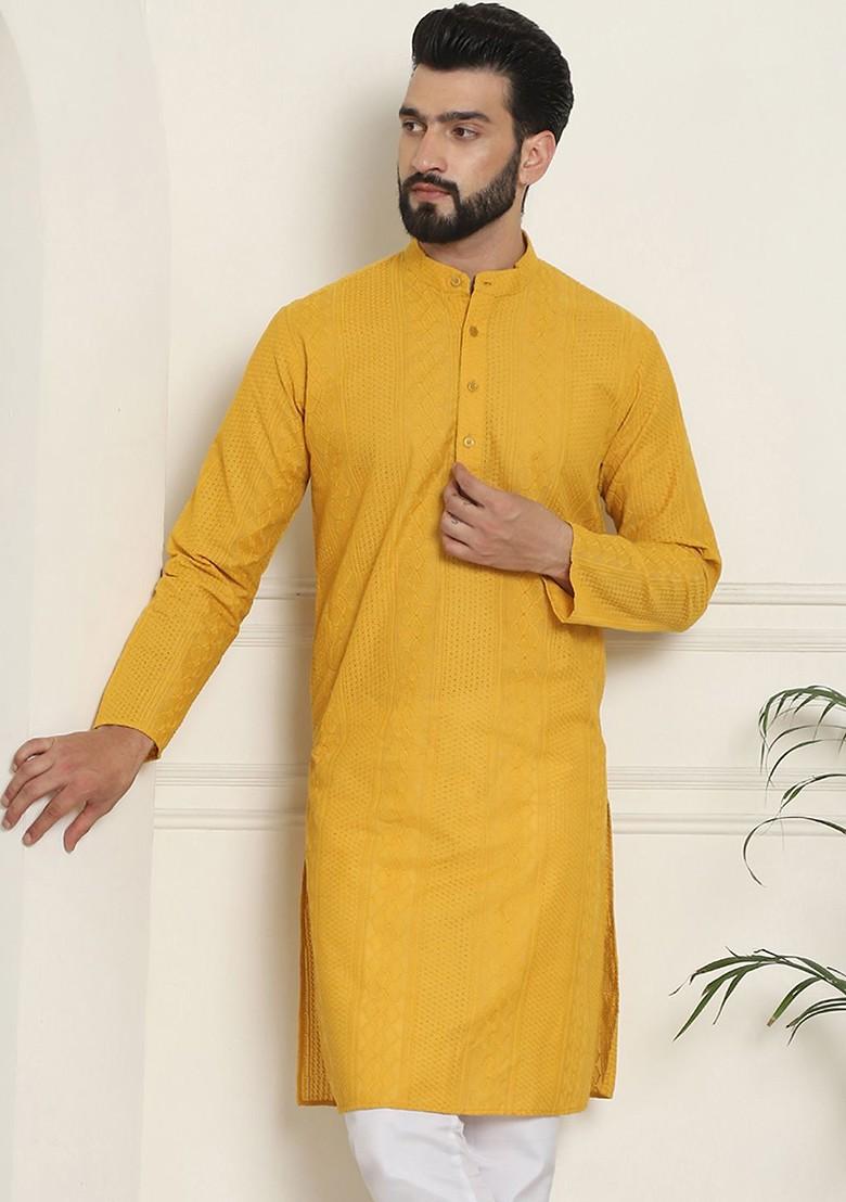 Mustard Thread Work Cotton Kurta For Men