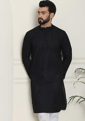 Black Thread Work Cotton Kurta For Men