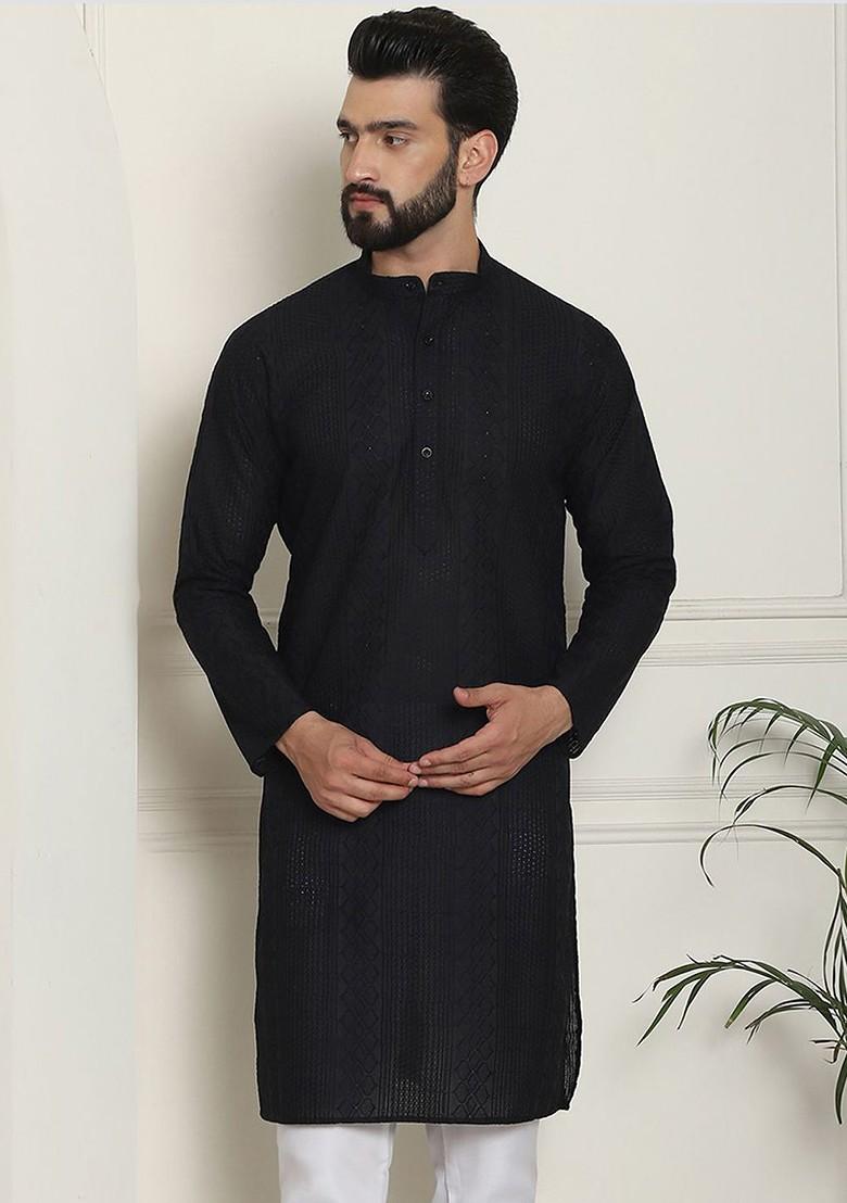 Black Thread Work Cotton Kurta For Men
