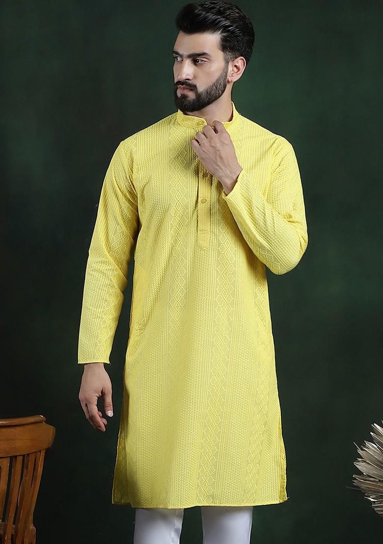 Yellow Thread Work Cotton Kurta For Men