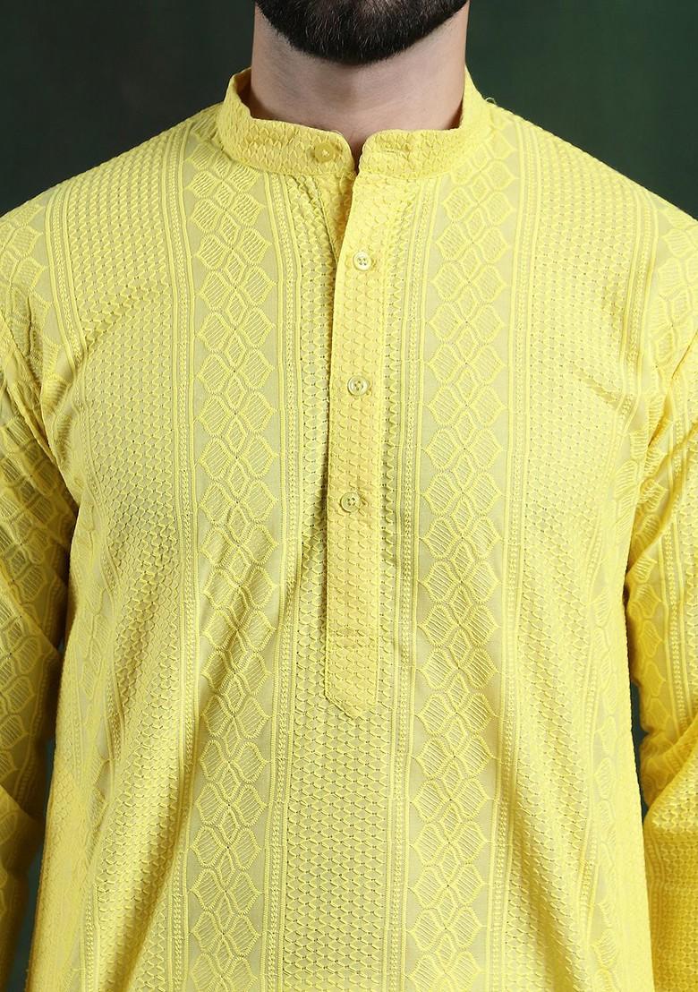 Yellow Thread Work Cotton Kurta For Men