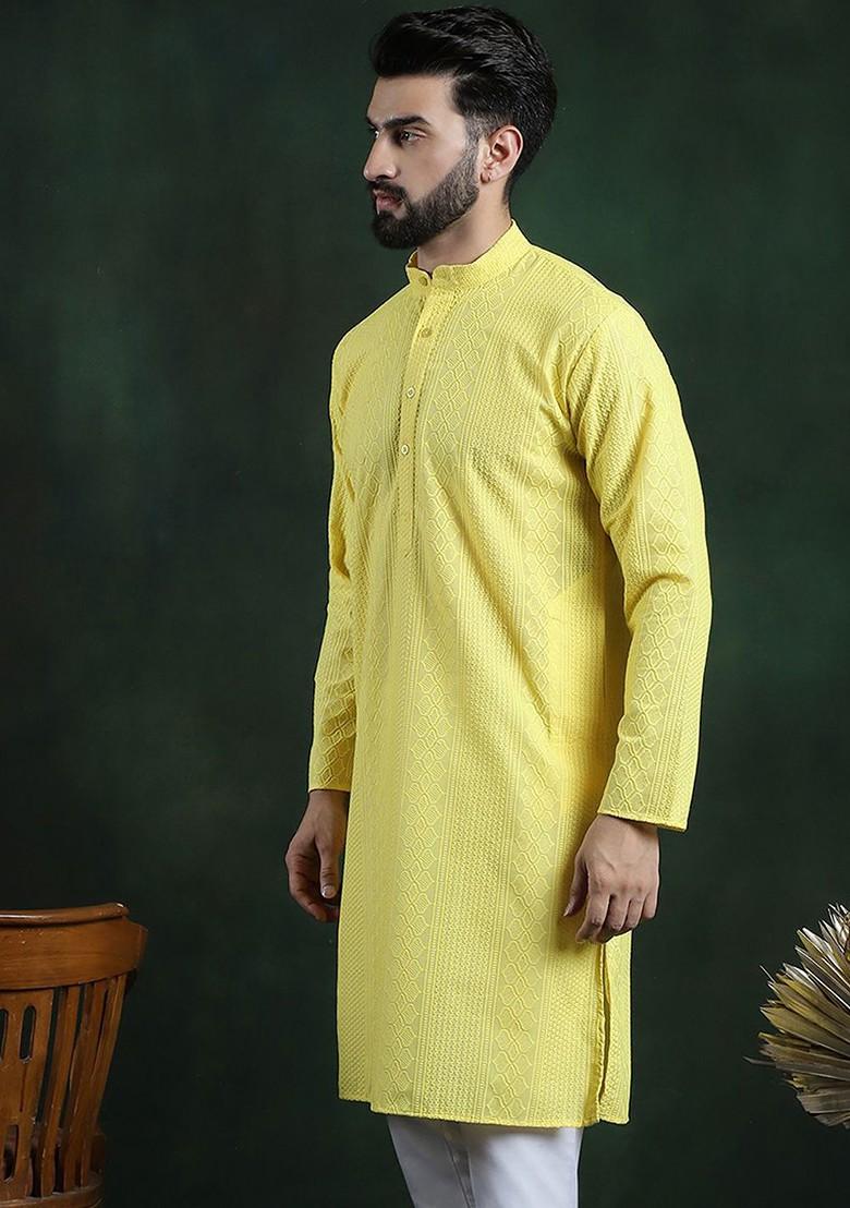 Yellow Thread Work Cotton Kurta For Men