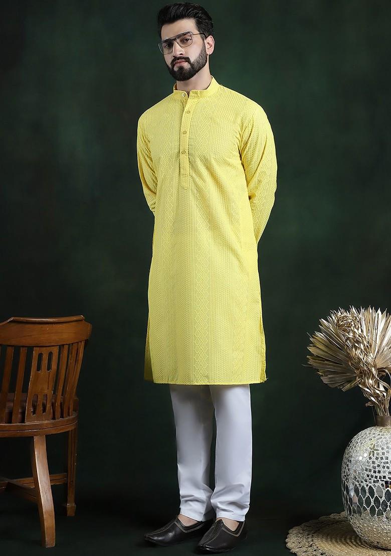Yellow Thread Work Cotton Kurta For Men