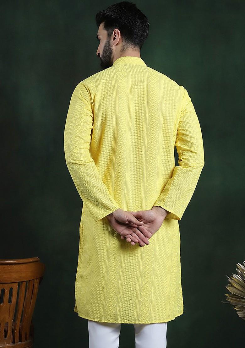 Yellow Thread Work Cotton Kurta For Men