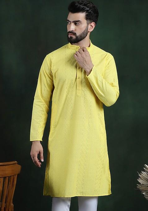 Yellow Thread Work Cotton Kurta For Men