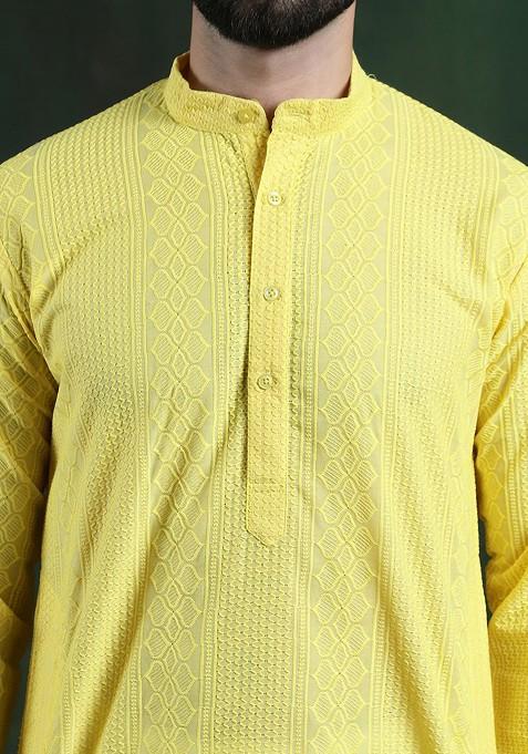 Yellow Thread Work Cotton Kurta For Men
