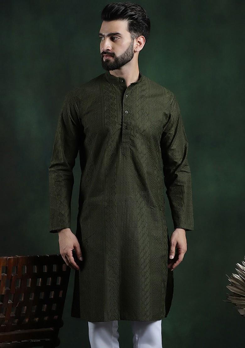 Green Thread Work Cotton Kurta For Men