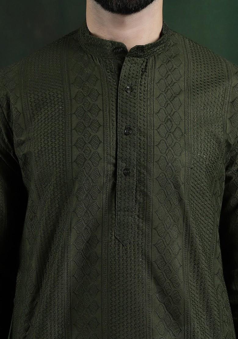 Green Thread Work Cotton Kurta For Men