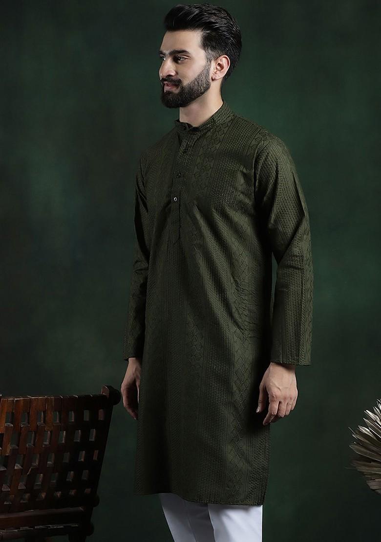 Green Thread Work Cotton Kurta For Men