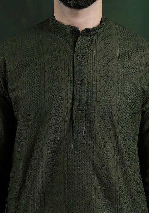 Green Thread Work Cotton Kurta For Men