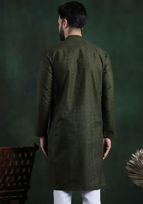 Green Thread Work Cotton Kurta For Men