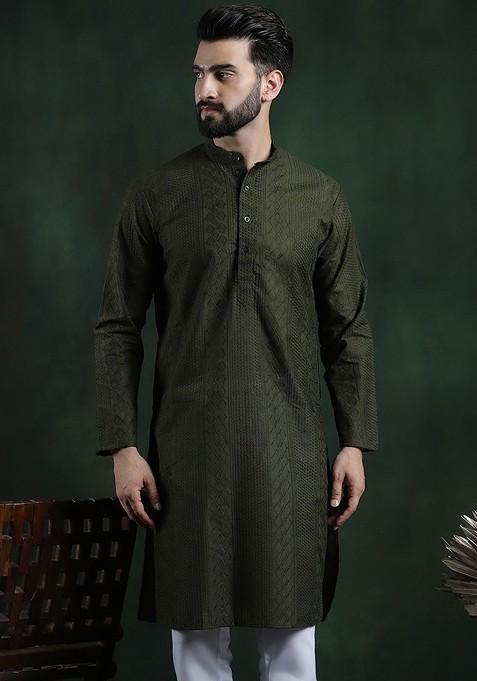 Green Thread Work Cotton Kurta For Men