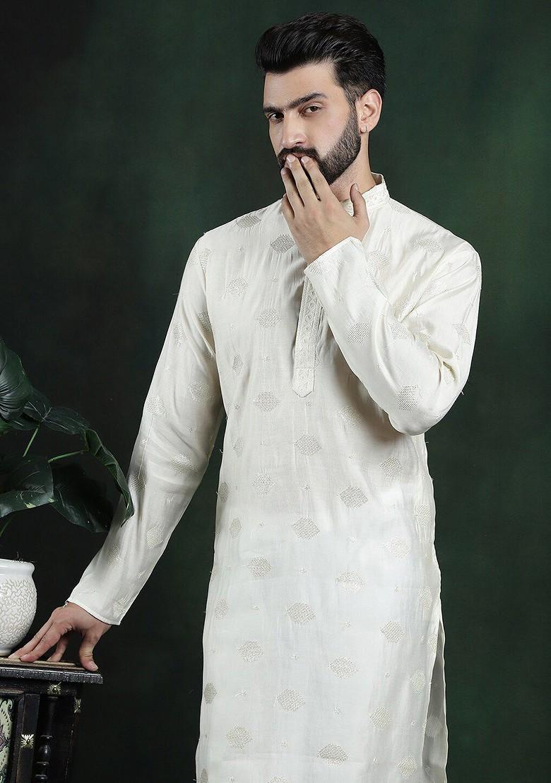 Cream Embroidered Poly Blend Kurta For Men