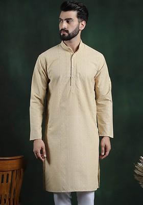 Beige Thread Work Cotton Kurta For Men