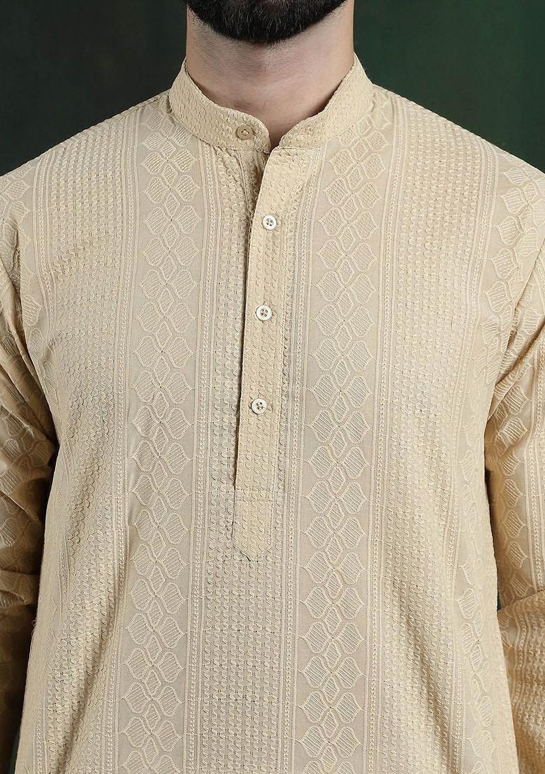 Beige Thread Work Cotton Kurta For Men