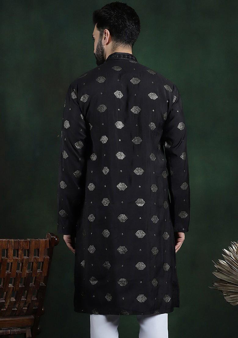 Black Embroidered Poly Blend Kurta For Men