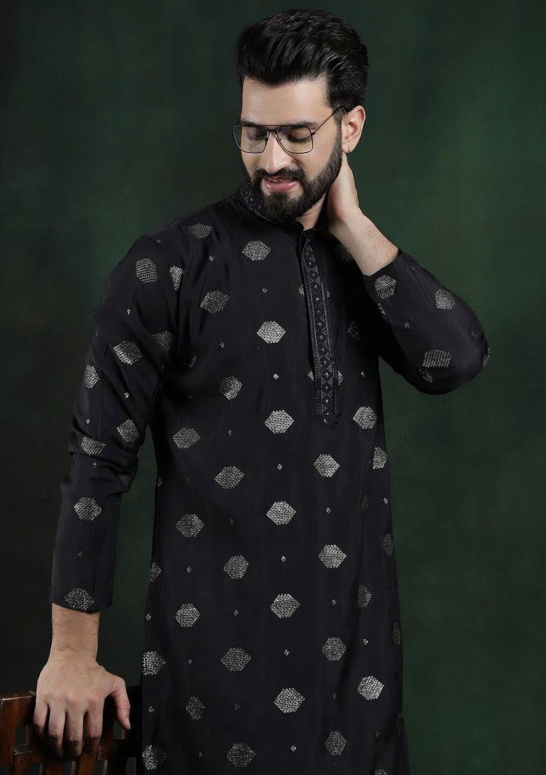 Black Embroidered Poly Blend Kurta For Men