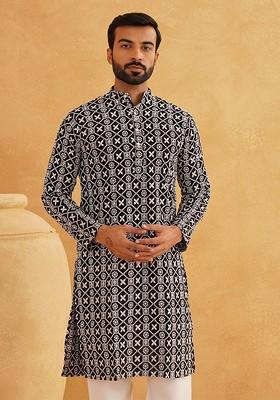 Black Embroidered Cotton Kurta For Men