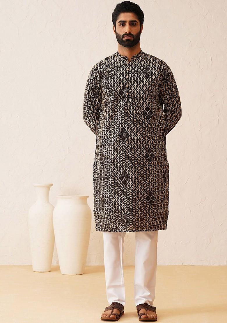 Black Embroidered Cotton Kurta For Men