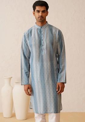Teal Blue Printed Cotton Kurta For Men