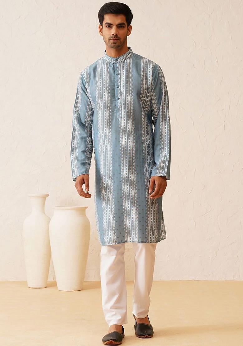 Teal Blue Printed Cotton Kurta For Men
