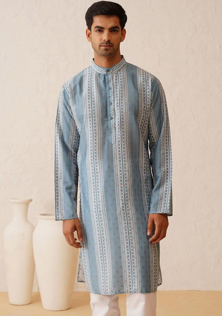 Teal Blue Printed Cotton Kurta For Men