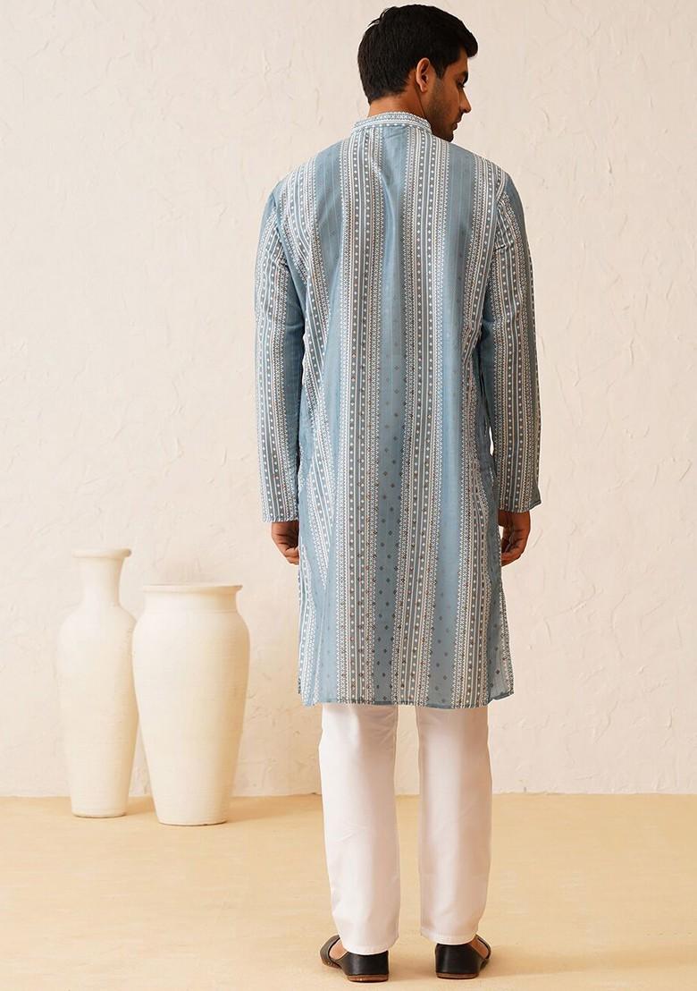 Teal Blue Printed Cotton Kurta For Men