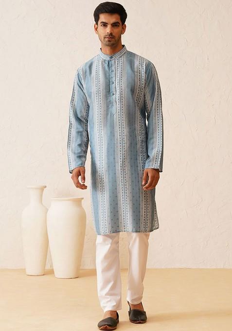 Teal Blue Printed Cotton Kurta For Men