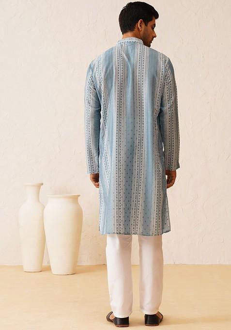 Teal Blue Printed Cotton Kurta For Men