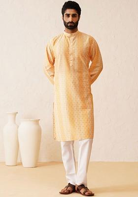 Mustard Printed Cotton Kurta For Men