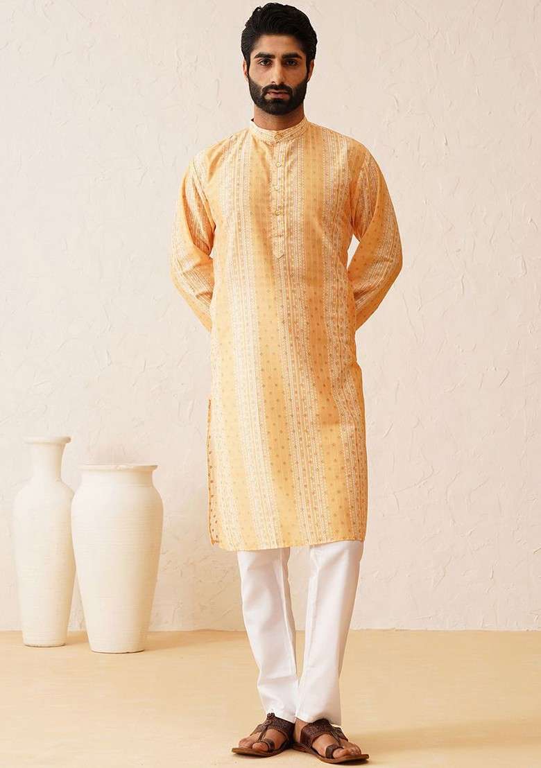 Mustard Printed Cotton Kurta For Men - Indya