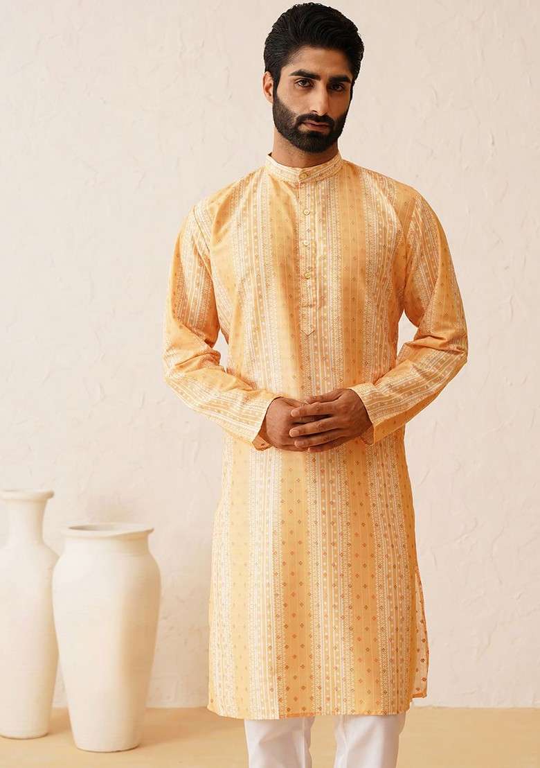 Mustard Printed Cotton Kurta For Men - Indya