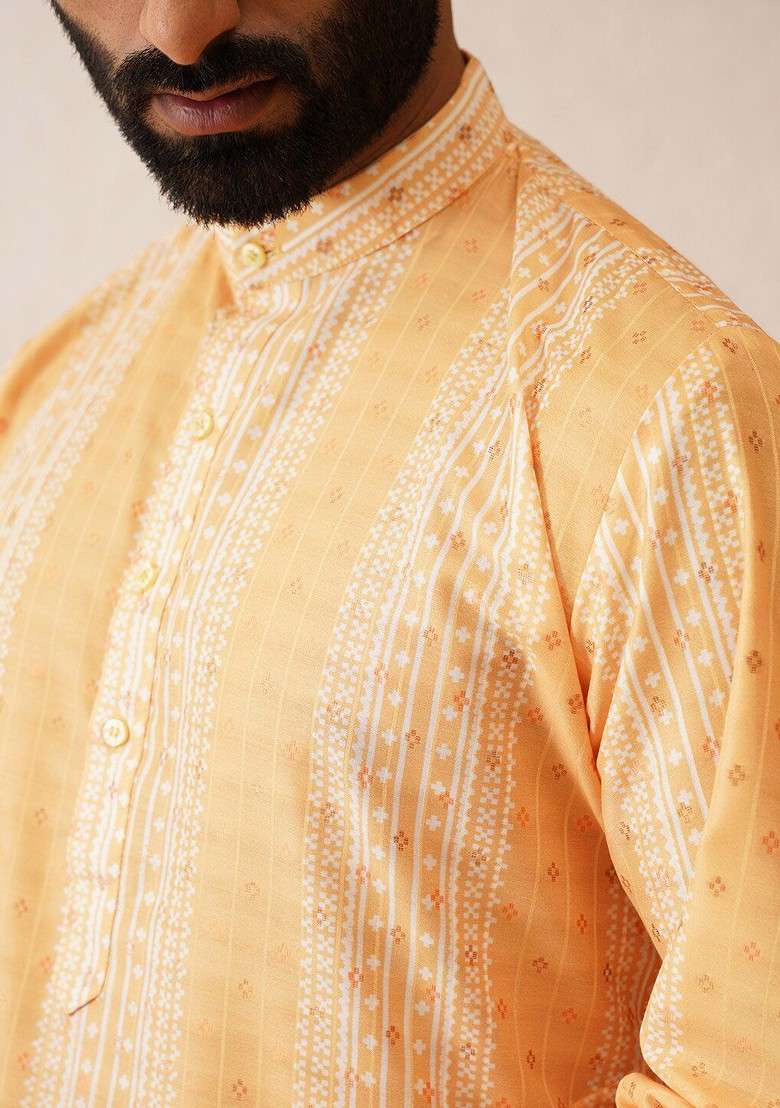 Mustard Printed Cotton Kurta For Men - Indya
