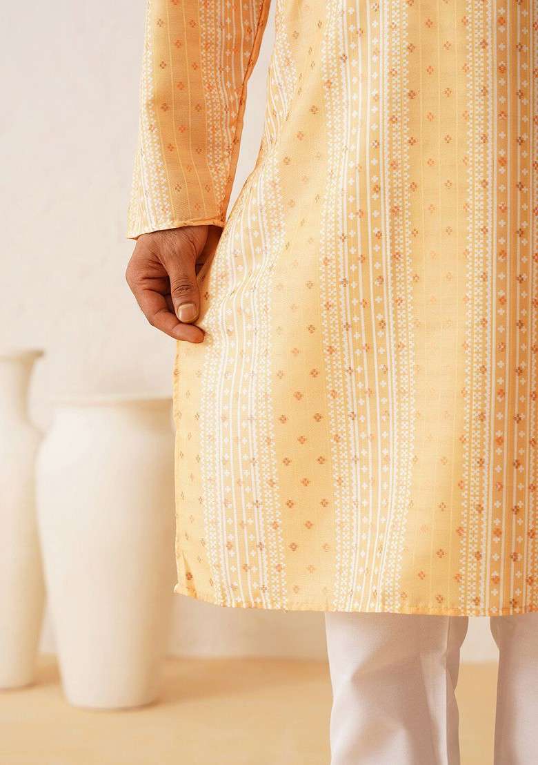 Mustard Printed Cotton Kurta For Men - Indya