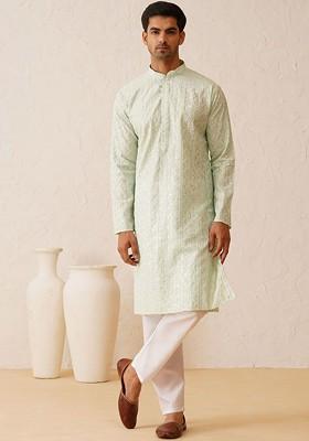Sea Green Embroidered Poly Blend Kurta For Men