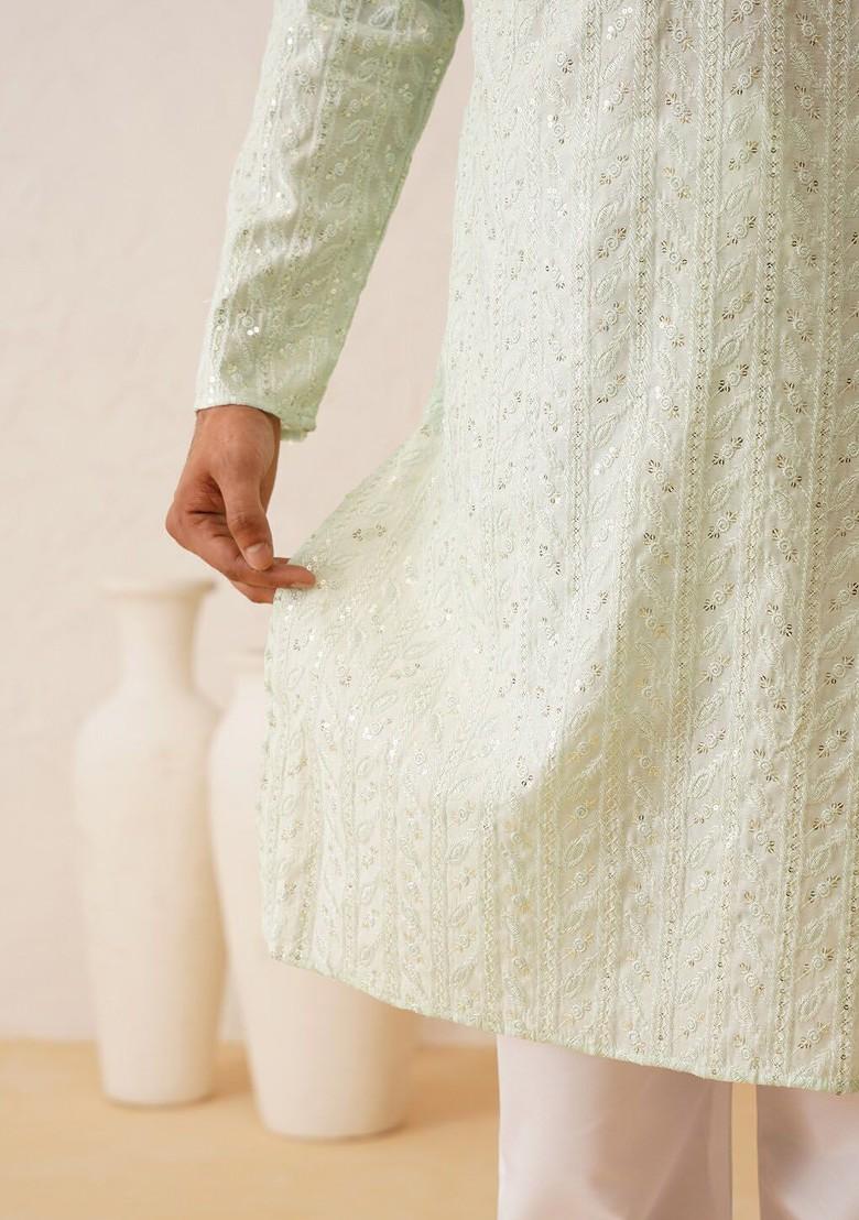Sea Green Embroidered Poly Blend Kurta For Men