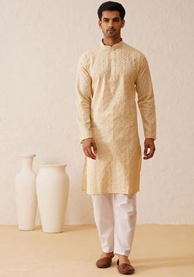 Beige Embroidered Poly Blend Kurta For Men