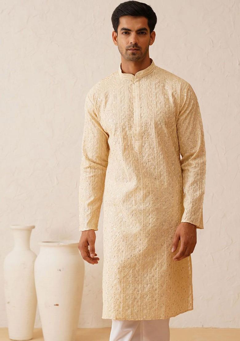 Beige Embroidered Poly Blend Kurta For Men
