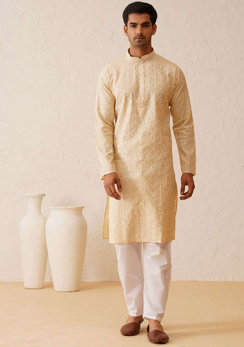 Beige Embroidered Poly Blend Kurta For Men - Indya