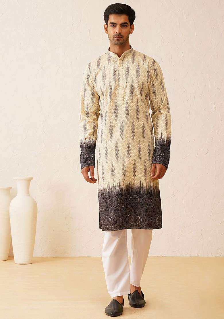 Beige Embroidered Poly Blend Kurta For Men - Indya