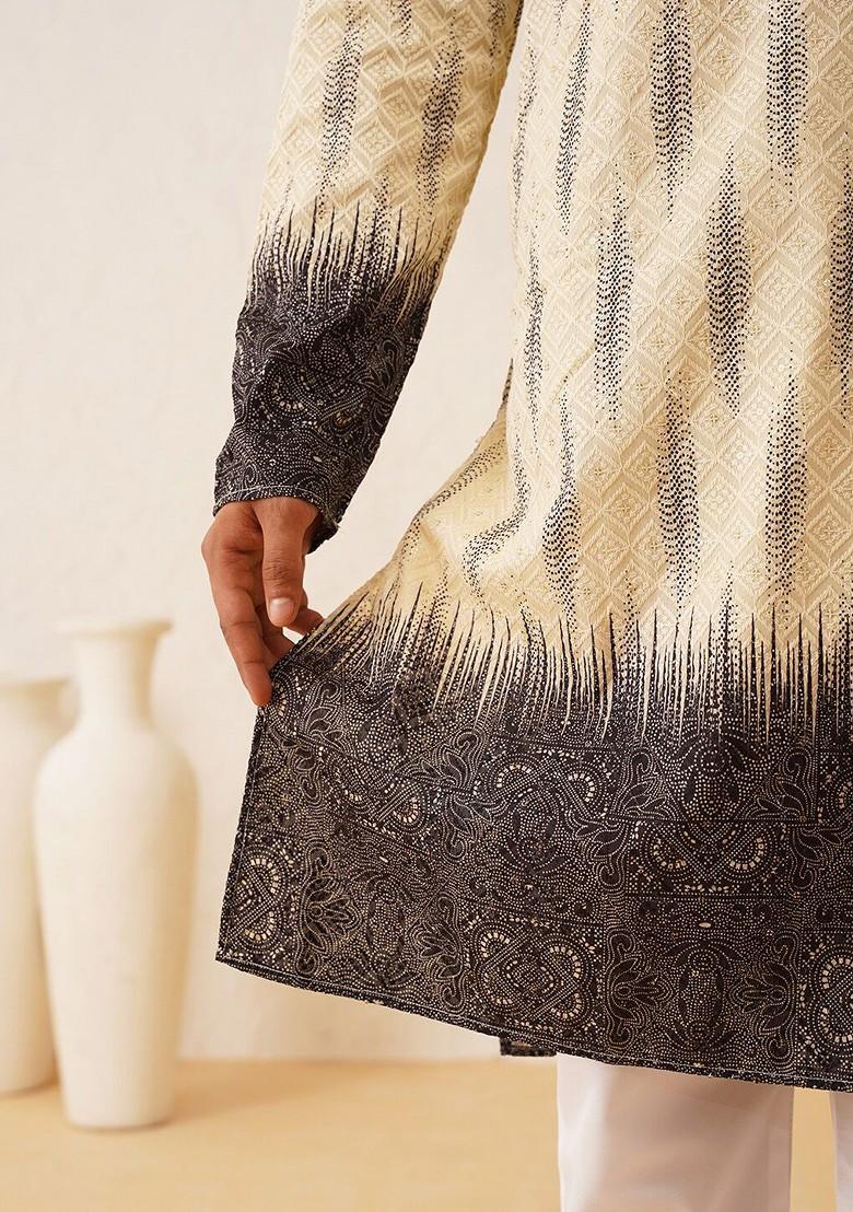 Beige Embroidered Poly Blend Kurta For Men