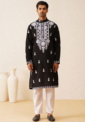 Black Embroidered Cotton Kurta For Men